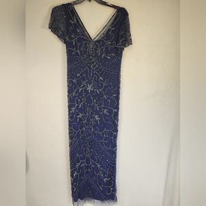 Pisarro Nights Dress Beaded Mesh Colum Gown Navy Blue Size 12
